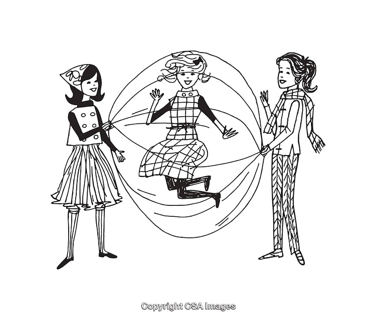 Black and White Line Art of Three Girls Playing Jump Rope Outdoors