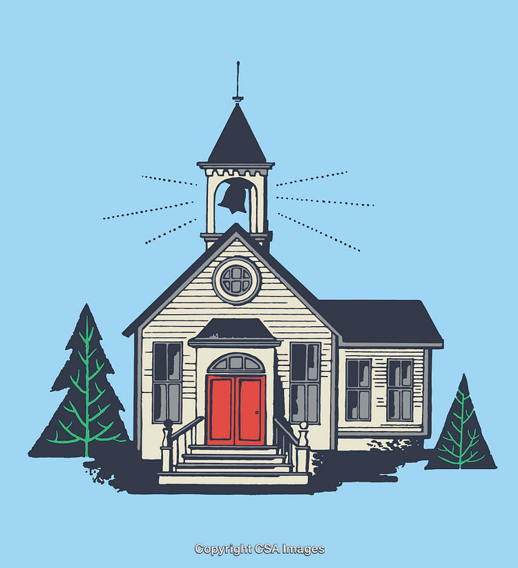 Illustration of a Charming Chapel with Bell Tower and Red Doors