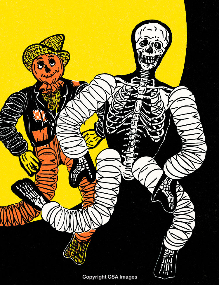 Colorful Halloween Illustration Featuring Skeleton and Scarecrow in Festive Outfits
