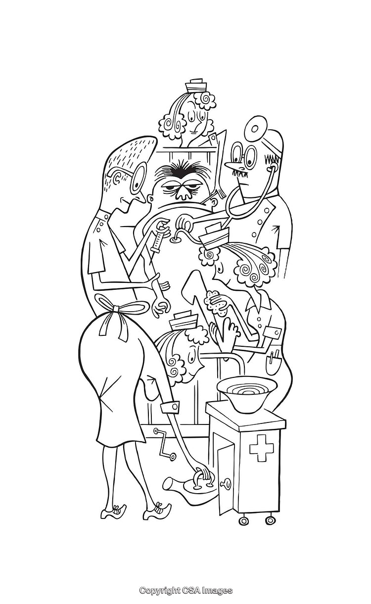 Medical Team Performing Surgery in Black and White Line Art