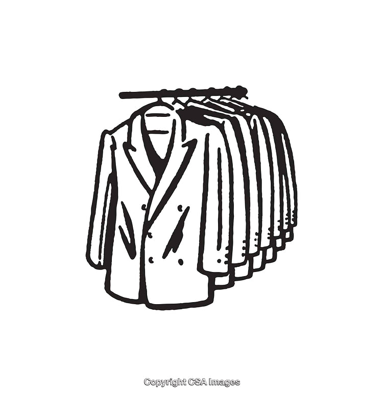 Black and White Line Drawing of Hanging Suits on a Rack