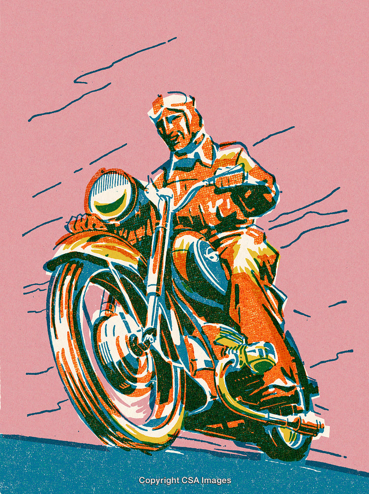 Vintage Illustration of a Motorcyclist Riding at High Speed