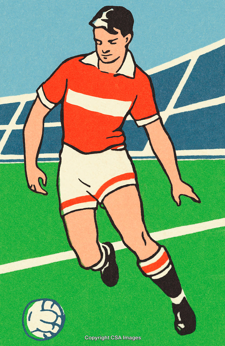 Soccer Player Dribbling Ball on Field in Colorful Illustration