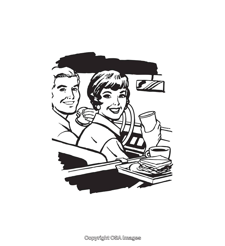 Retro Style Illustration of a Couple Enjoying a Meal in a Car