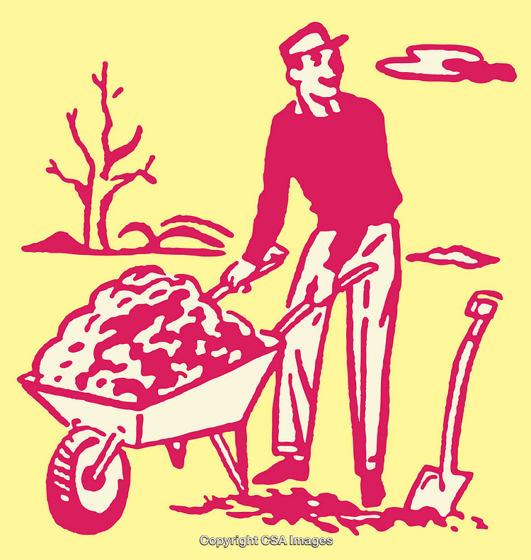 Man Pushing Wheelbarrow in Colorful Vintage Line Art Illustration