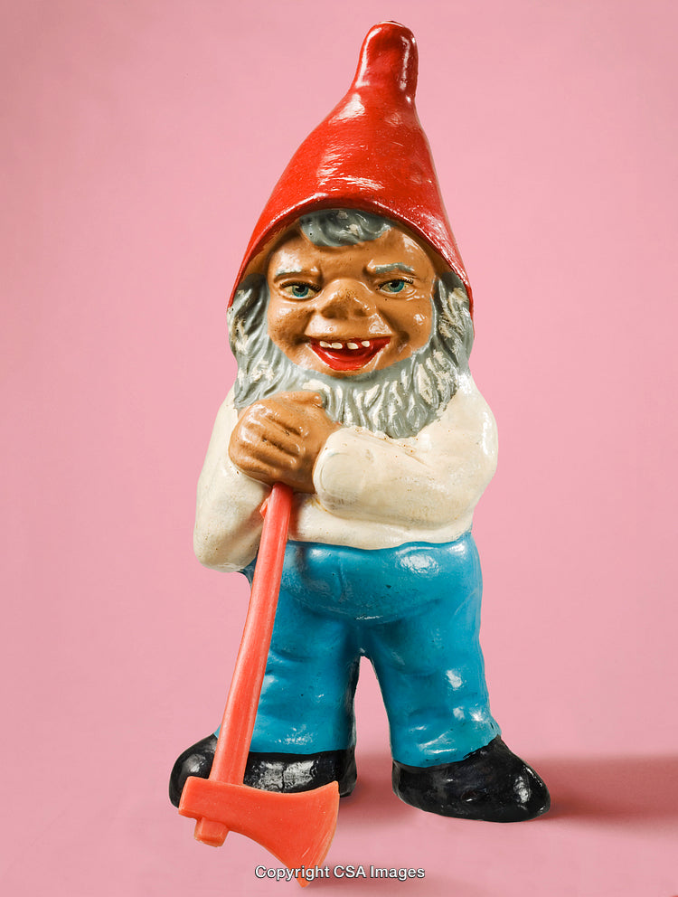 Colorful Garden Gnome Plastic Figurine on a Pink Background Holding an Axe