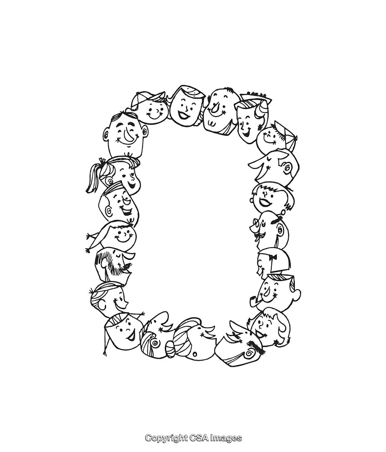 Circular Cartoon Faces Illustration Featuring Diverse Characters in Black and White