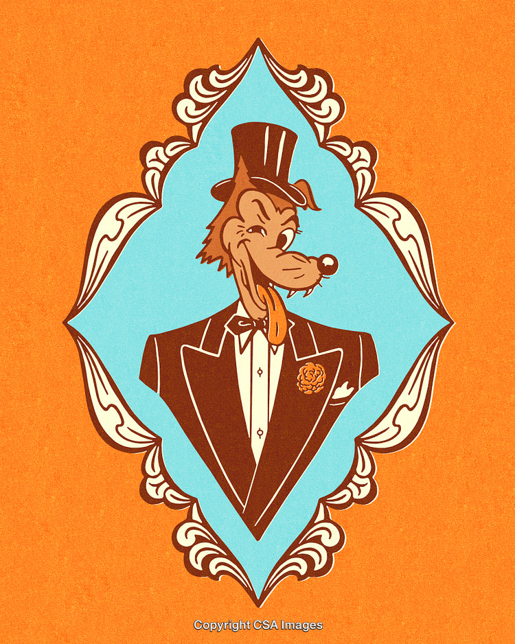 Vintage Illustration of a Formal Attired Wolf in Ornamental Frame