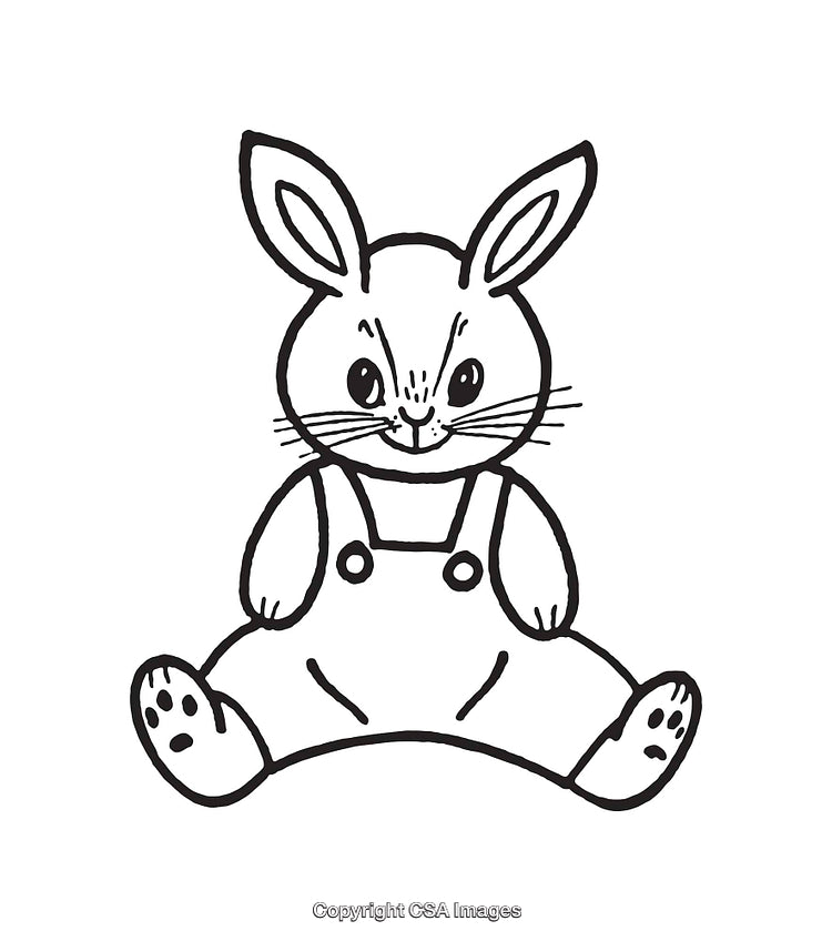Black and White Line Art Drawing of a Rabbit in Overalls