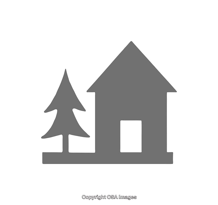 Simple Icon of a House and Tree in Gray Silhouette