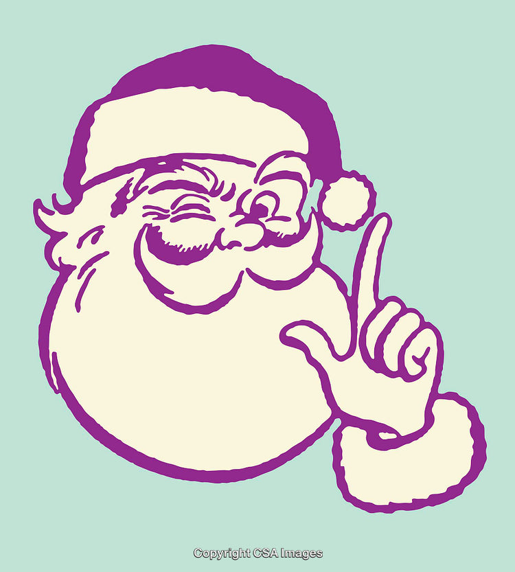 Vintage Line Art Illustration of Winking Santa With Finger Raised