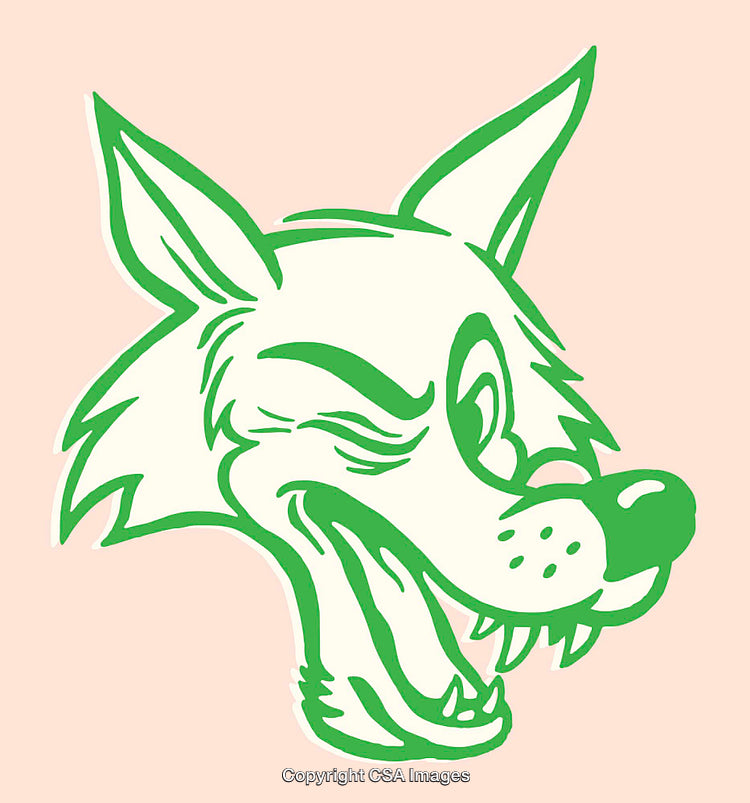 Green and White Line Art Illustration of a Winking Wolf