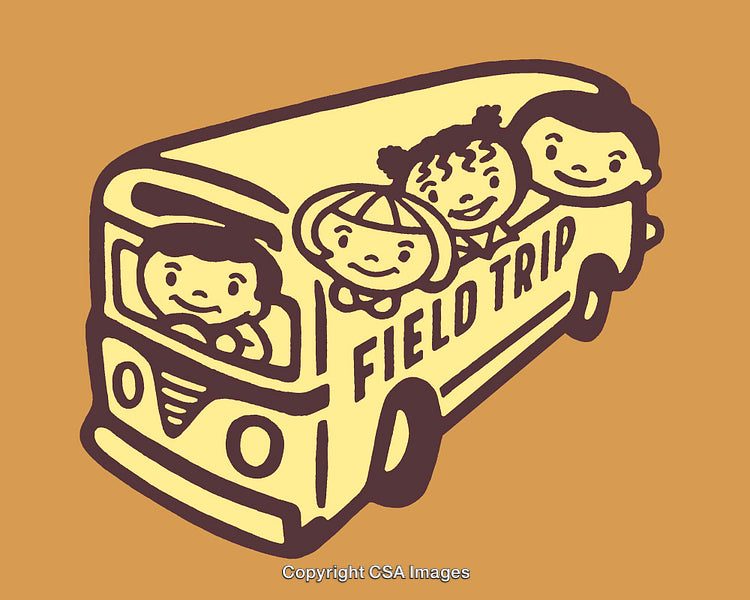 Colorful Line Art Illustration of Children Riding a School Bus for Field Trips