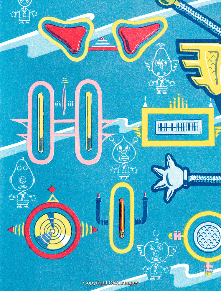 Colorful Abstract Illustration with Geometric Shapes and Robot Motifs