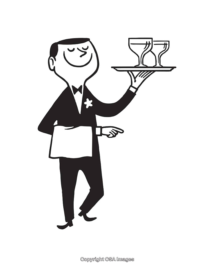 Charming Waiter Serving Drinks Illustration in Black and White Line Art