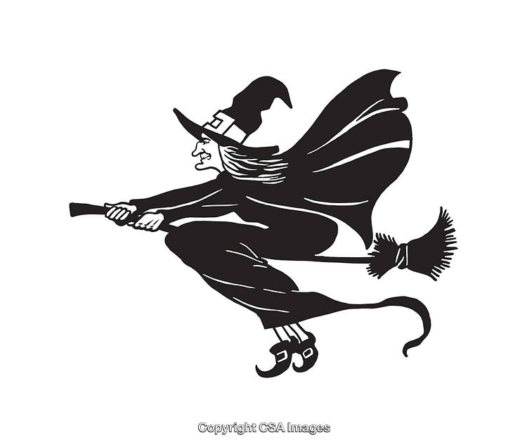 Witch Flying on Broomstick in Black and White Line Art Illustration