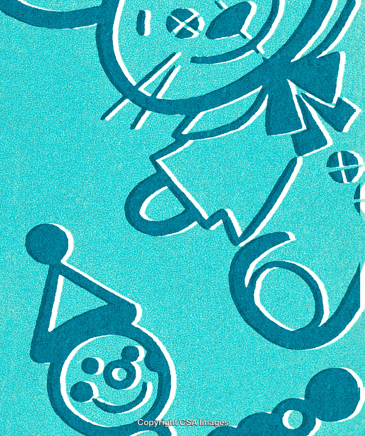 Playful Abstract Design of Faces and Symbols in Blue and White Tones