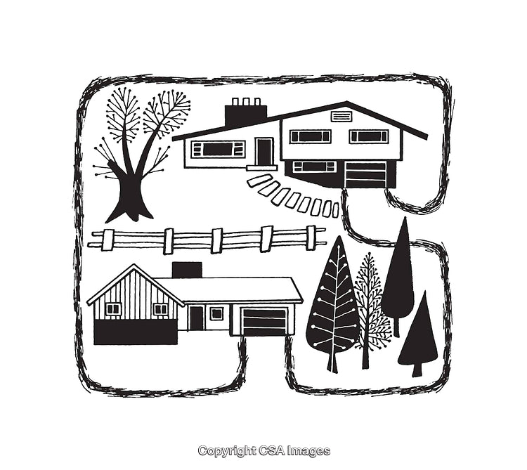 Black and White Line Art Illustration of Residential Houses and Forest Trees