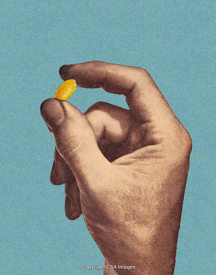 Hand Holding a Yellow Pill in a Retro-Style Dot Screen Effect Artwork