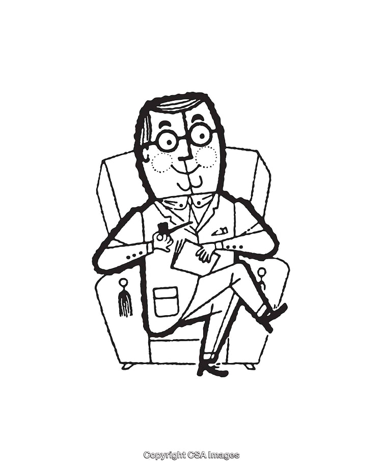 Black And White Line Art of Man Writing in Chair