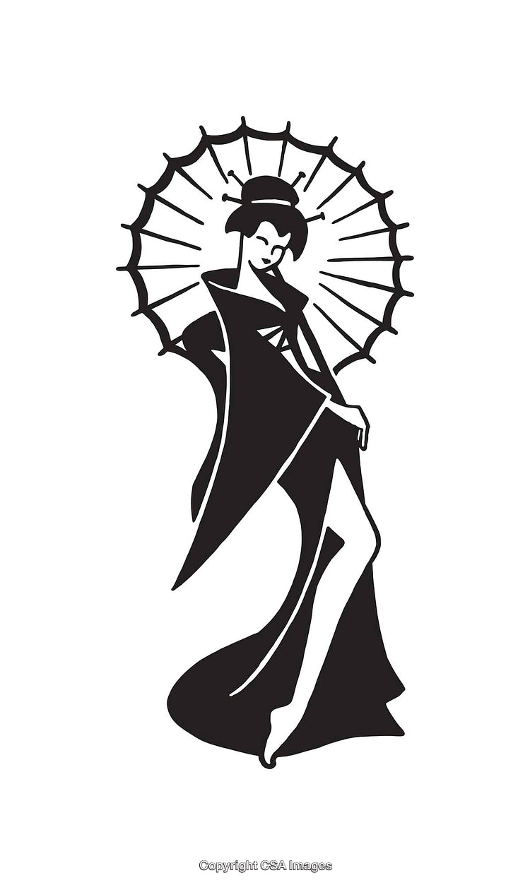 Elegant Black and White Line Drawing of Woman with Parasol