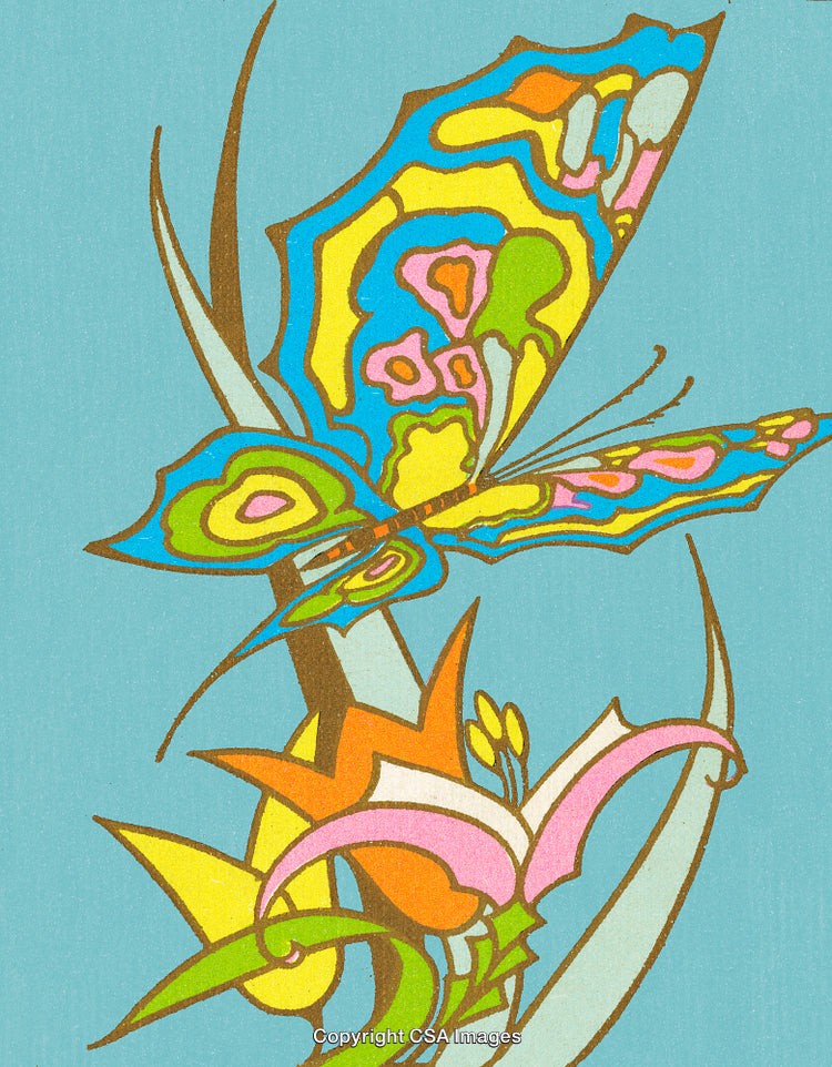 Colorful Artistic Butterfly and Flowers Against a Blue Background
