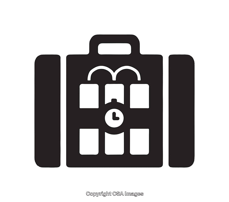 Black and White Icon Depicting a Timed Lock and Suitcase Illustration