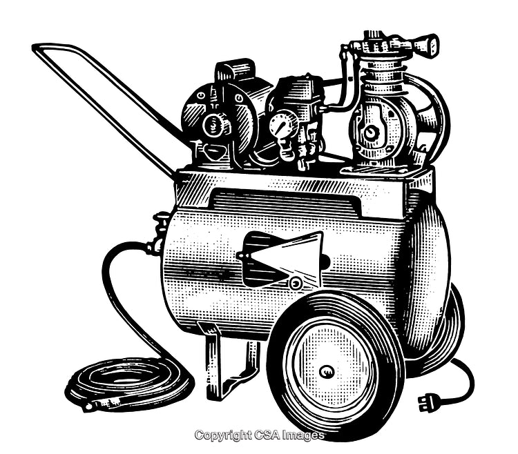Detailed Vintage Illustration of Industrial Air Compressor in Black and White Engraving