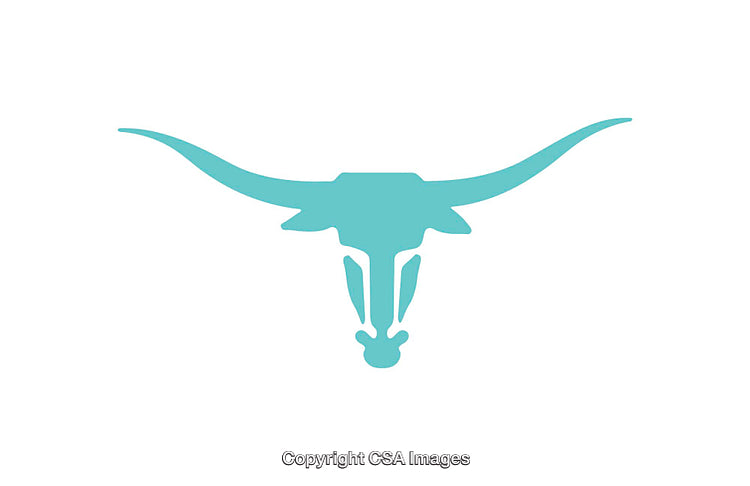 Silhouette Illustration of Teal Longhorn Skull with Extended Horns on White