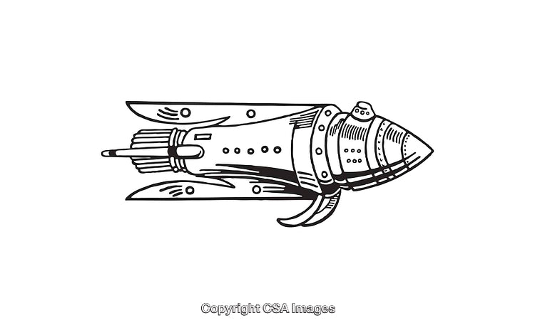 Retro-Inspired Black And White Line Art Rocketship Drawing