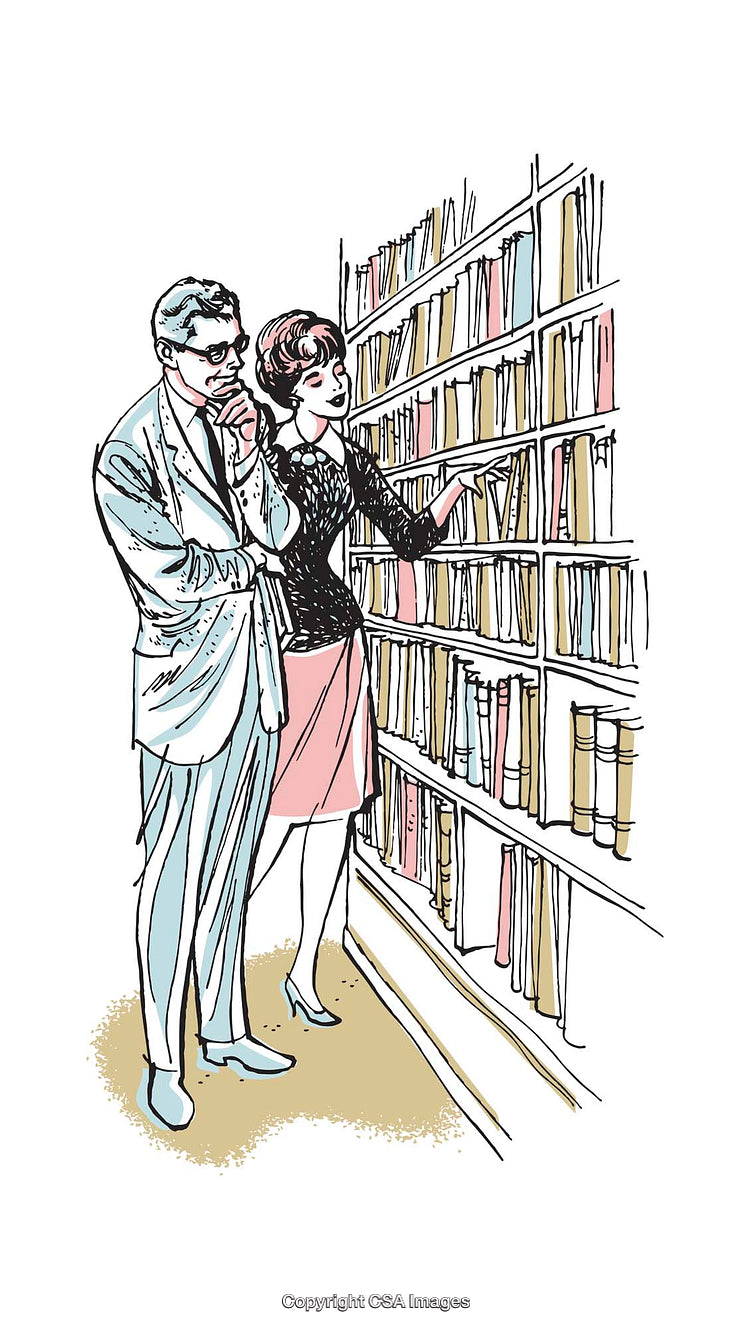 Vintage Illustration of Two People Searching for Books in a Library
