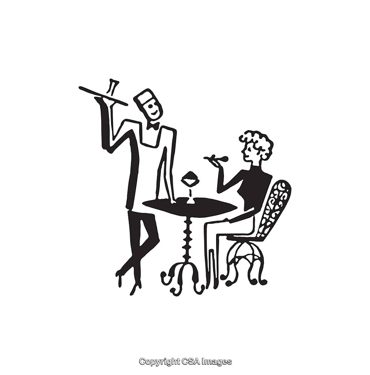 Black and White Line Art of Dining Scene With Waiter and Guest