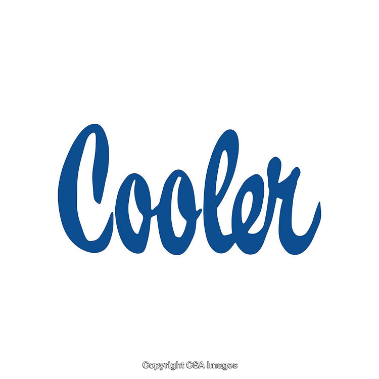 Blue Script Typography Display of the Word Cooler on White Background