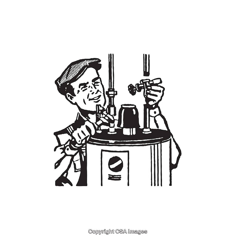 Vintage Line Art of Technician Working with Equipment and Tools
