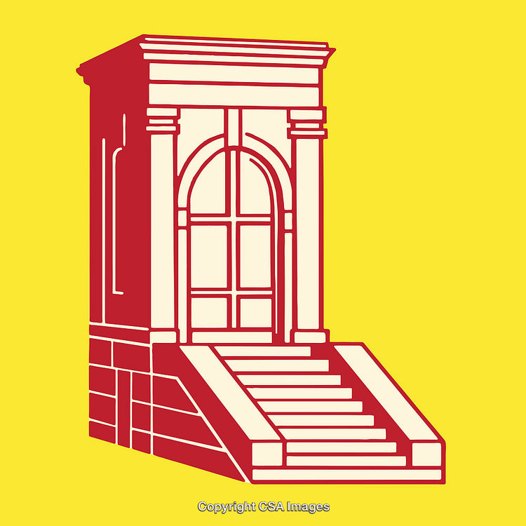 Architectural Line Art of Red and Yellow Classical Building Steps