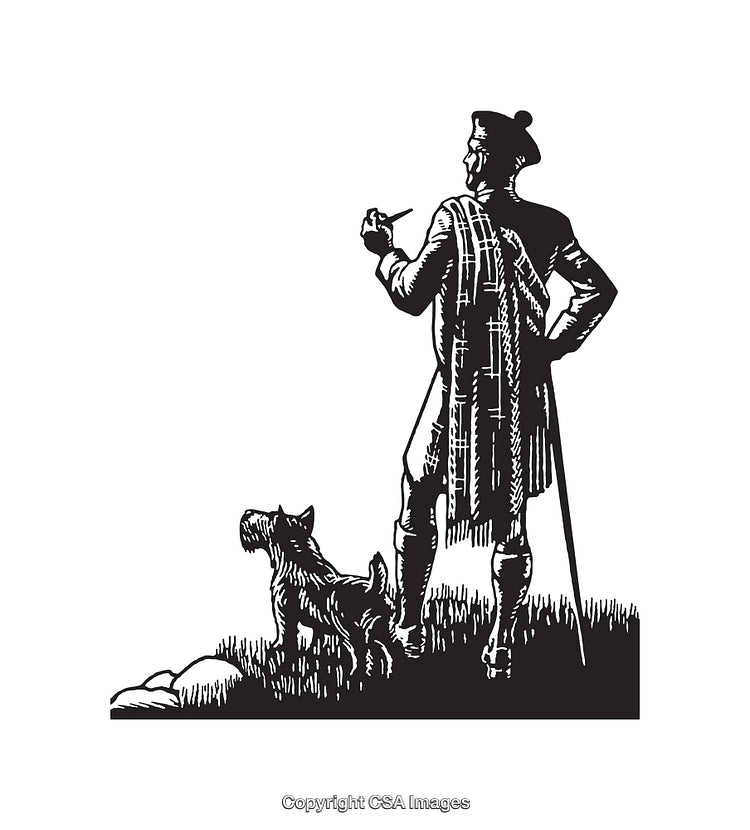 Traditional Scottish Man and Dog in Black and White Line Art