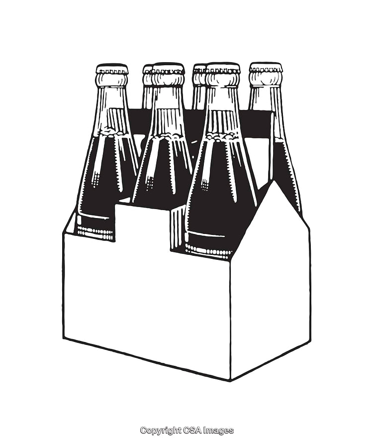 Black and White Line Drawing of Soda Bottles in a Six-Pack Carrier