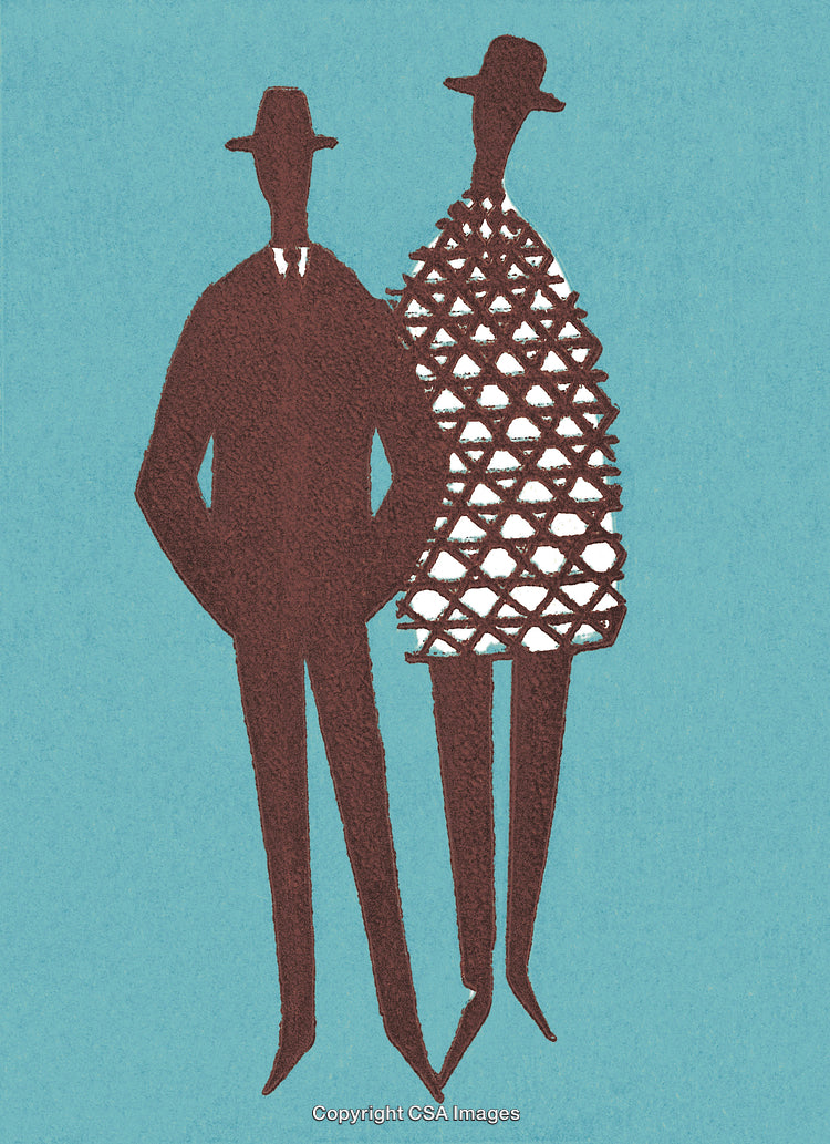 Vintage Style Illustration of Two Hat-Wearing Figures in Minimalist Design