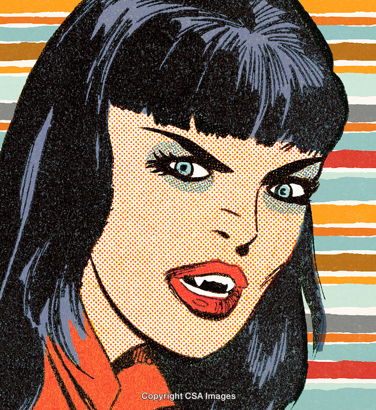Vintage Comic Style Illustration of a Female Vampire with Bold Colors