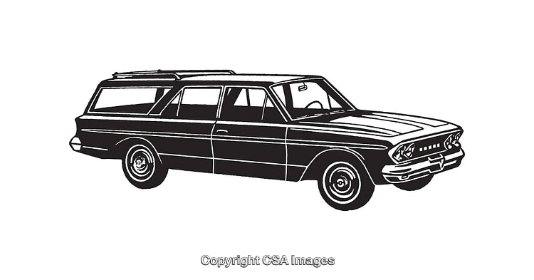 Black and White Line Art of a Vintage Station Wagon Car