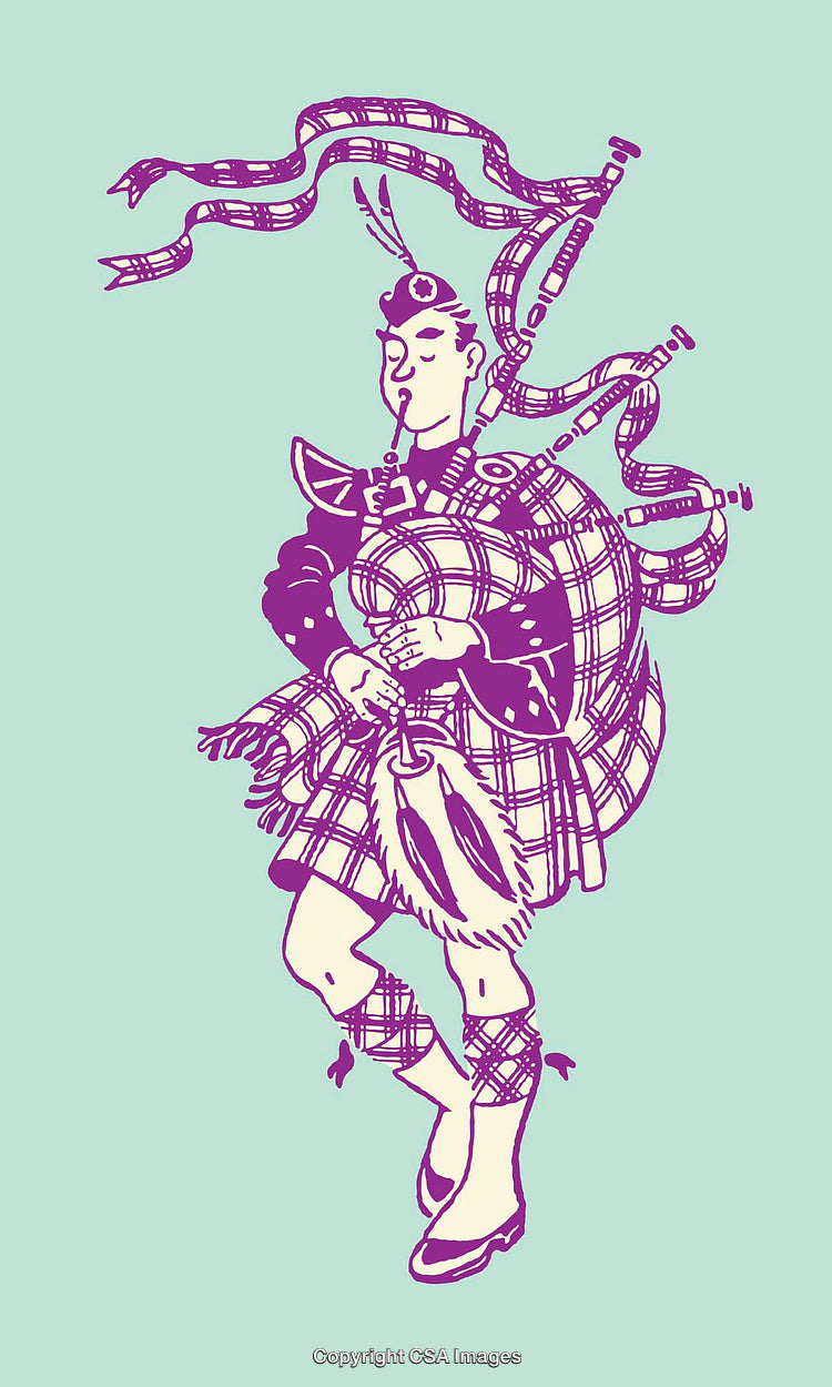 Scottish Bagpiper in Traditional Attire Playing Pipes Line Art Illustration