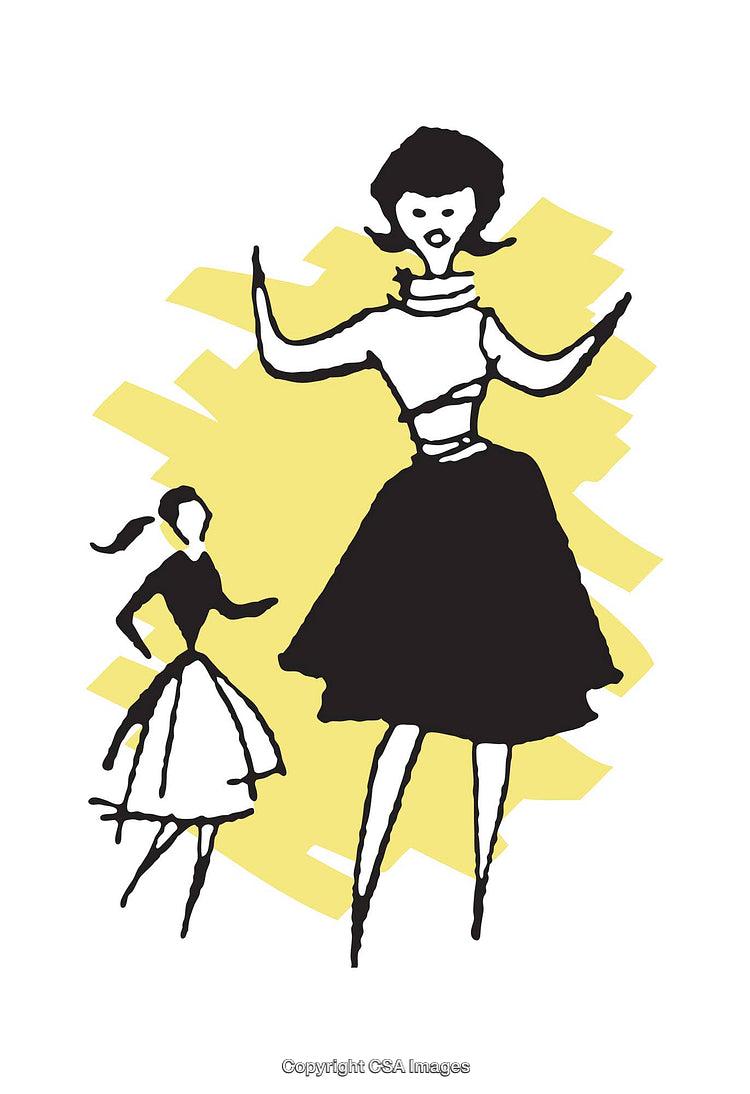 Vintage Style Illustration of Women in Retro Outfits with Bold Colors