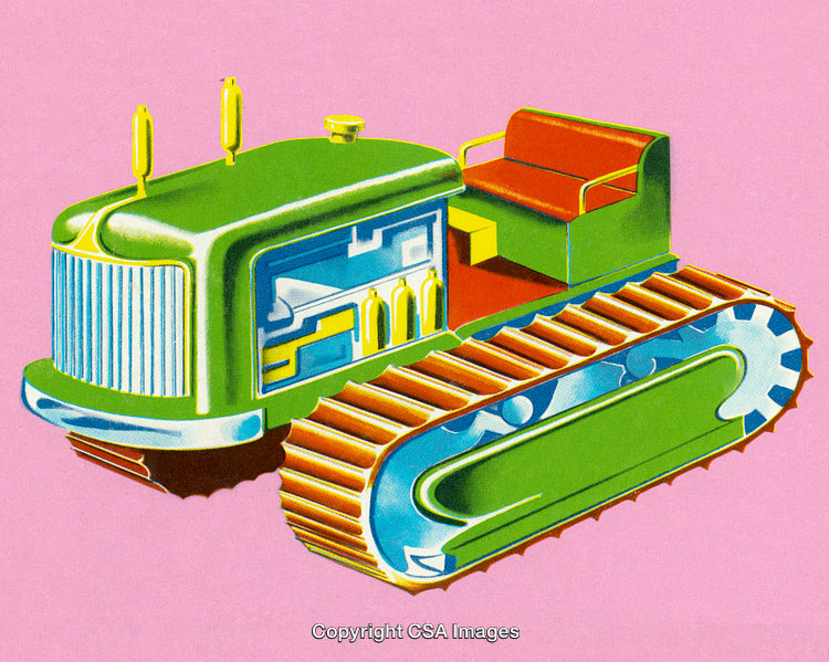 Colorful Vintage Tractor Illustration with Track Wheels on a Pink Background