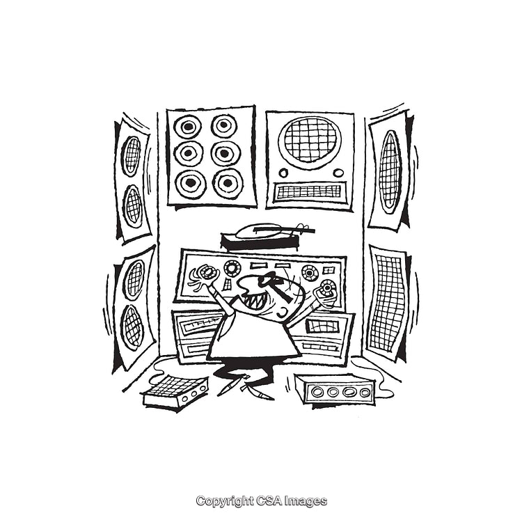 Black and White Line Art of a Person in a Control Room