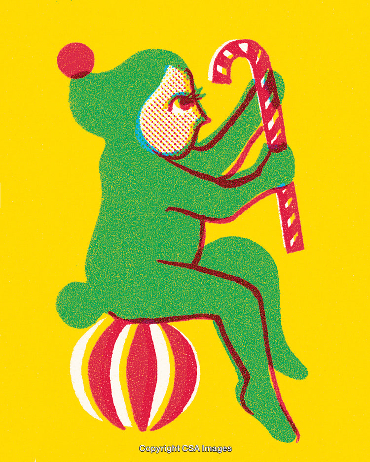 Playful Green Figure Holding Candy Cane on Bright Yellow Background