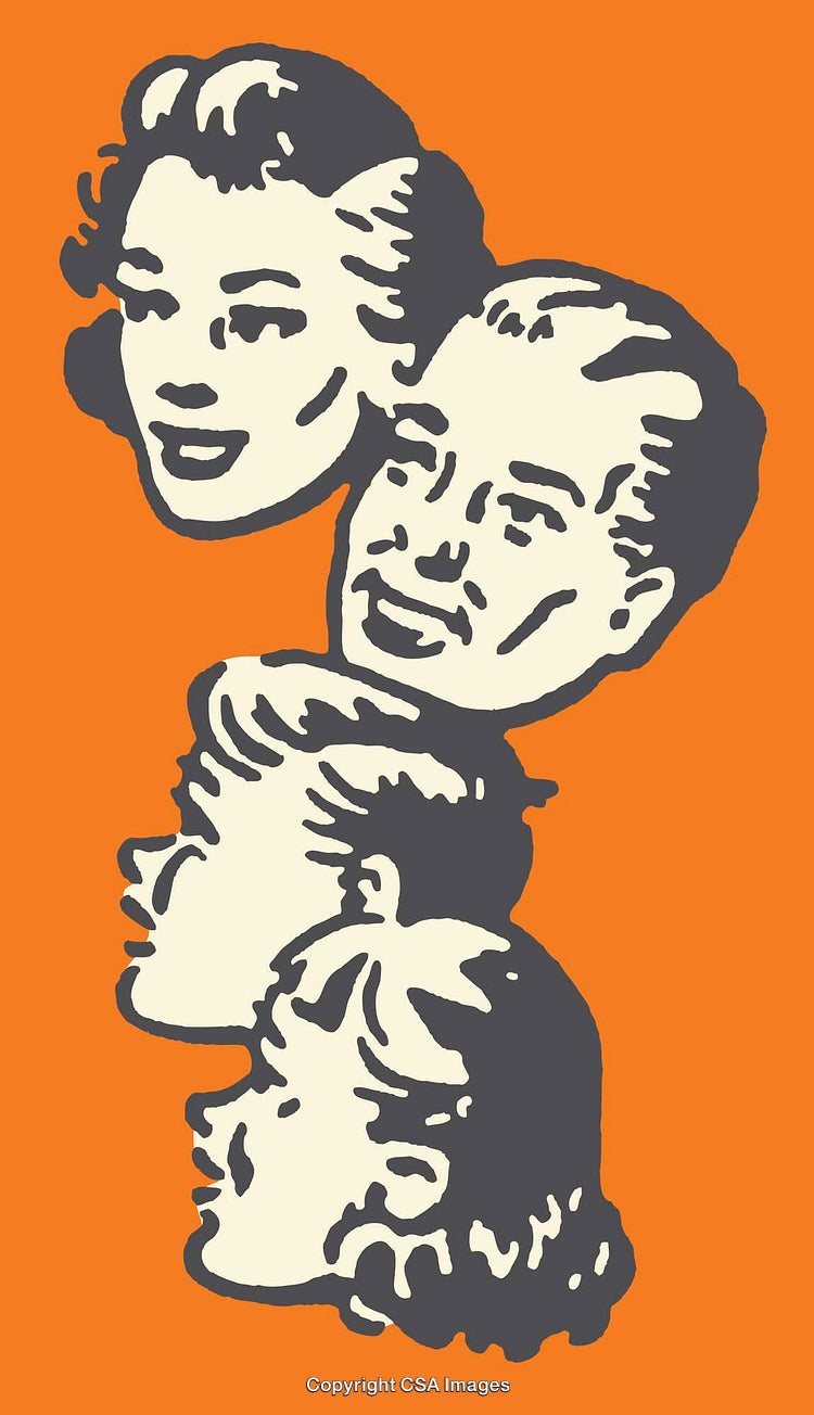Retro Styled Family Portrait Illustration With Bold Orange Background