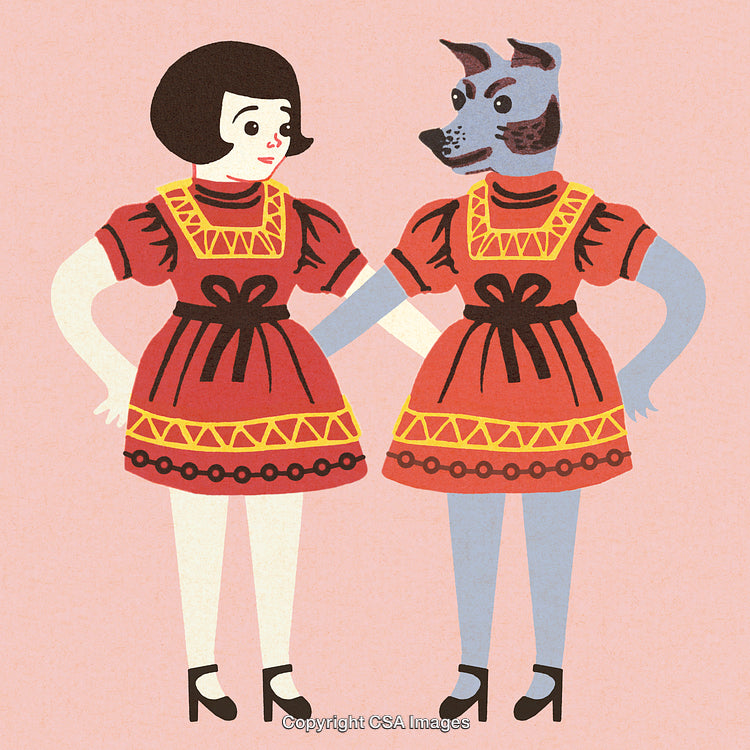 Whimsical Illustration of a Girl and a Dog Dressed in Matching Red Dresses
