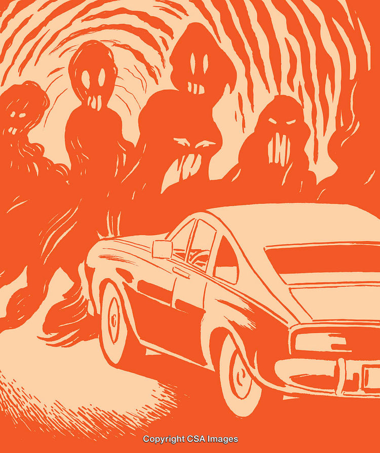 Vintage-Inspired Illustration of a Car with Mysterious Figures in the Background