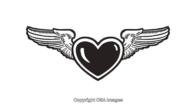 Black And White Line Art Illustration of Heart With Wings