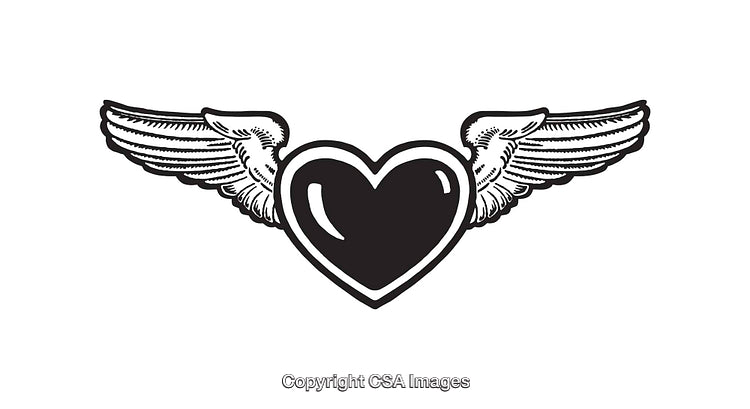 Black And White Line Art Illustration of Heart With Wings